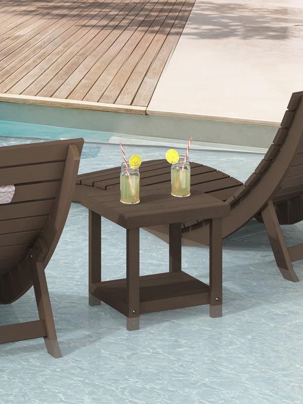 HDPS Small Outdoor Side Table, 2 Tier Patio Table with Storage Shelf, Brown