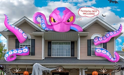 Joiedomi 4 FT Tall Halloween Inflatable Purple Octopus Head with Tentacles Broke Out from Window with Built-in LEDs Blow Up for Halloween Window Decor, Outdoor Yard Garden Lawn Party Decoration