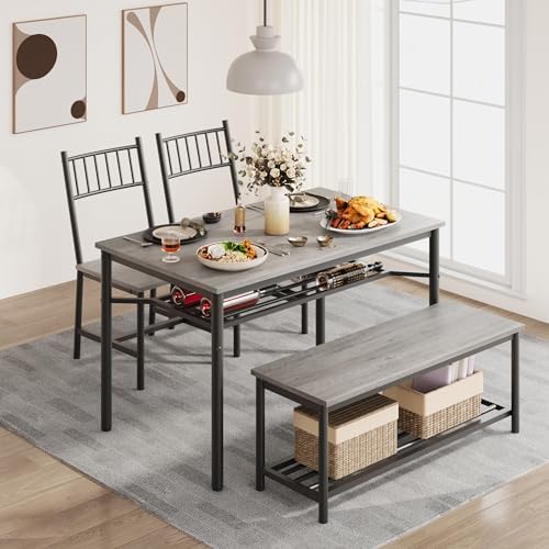 Garvee Dining Table Set for 4 with Bench and Chairs, 4-Piece Kitchen Table Set with Storage – Space-Saving Dining Table for Apartments and Dining Rooms, Gray