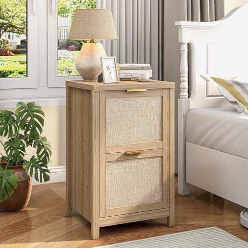 2-Drawer Rattan Small File Cabinet, Vertical Filing Cabinet, Natural Oak