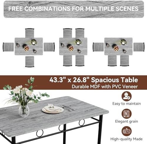 Vipbear Kitchen Dining Table Set for 4, 5-Piece Kitchen Table Set,Dining Room Table Sets,Rectangular Kitchen Table Set with 4 Chairs for Small Space, Dinette,Apartment,Retro Grey