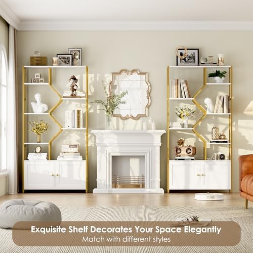 Keyluv 76" Tall White & Gold Bookshelf with Storage Cabinet