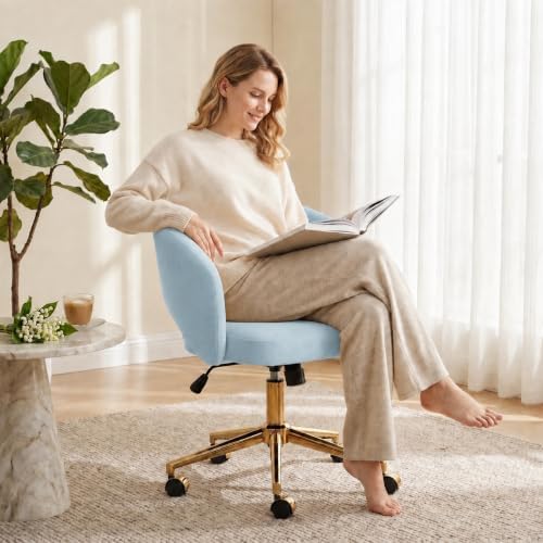 Velvet Vanity Armchair with Wheels, Comfy Upholstered Desk Seat ,Bule