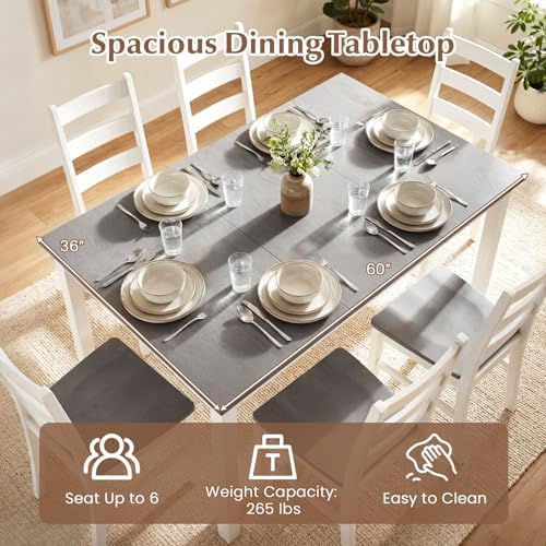 GIANTEX 7-Piece Dining Table Set for 6, Rectangular 60-inches Kitchen Table and 6 Dining Chairs with Rubber Wood Legs, Protective Foot Pads, Farmhouse Dinette Set for Dining Room, Restaurant (Gray)