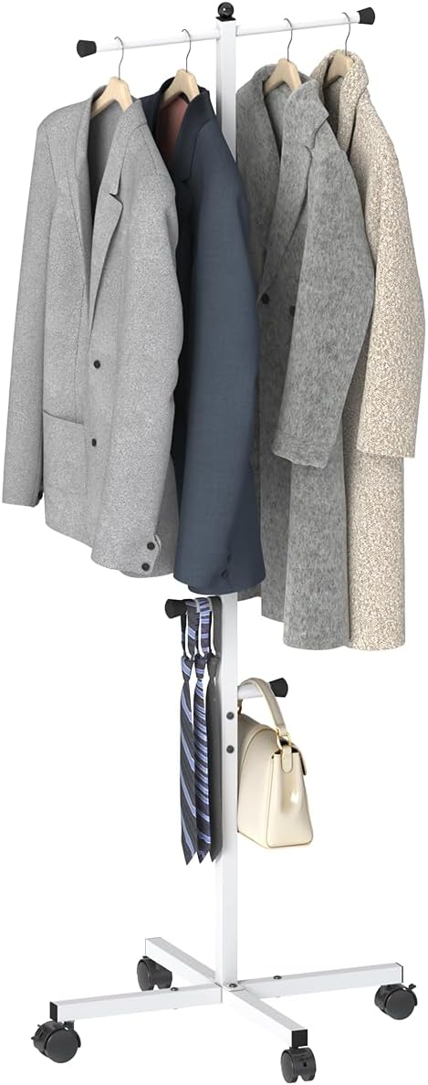Koutemie 62" T-Shaped Coat Rack Hanger Stand Freestanding with Wheel, White