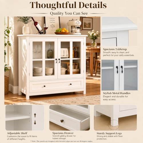 RASOO White Modern Buffet Cabinet with Double Glass Doors