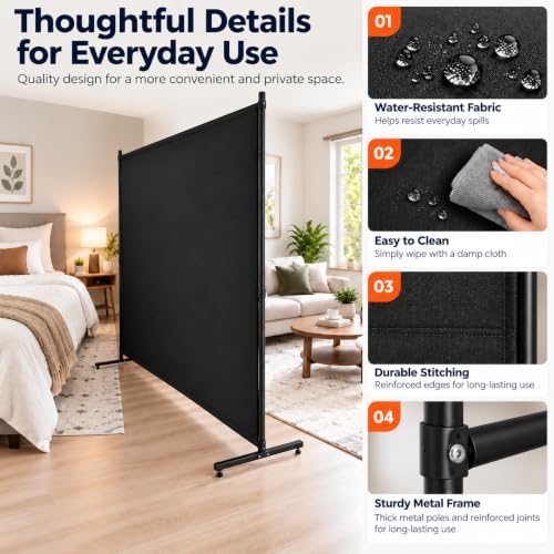 Room Divider, 72x72Inch Large Single Panel Privacy Screen with Thickened Fabric,Freestanding Partition Wall for Room Separation,Portable for Indoor Office,Bedroom,Studio Apartment, Black