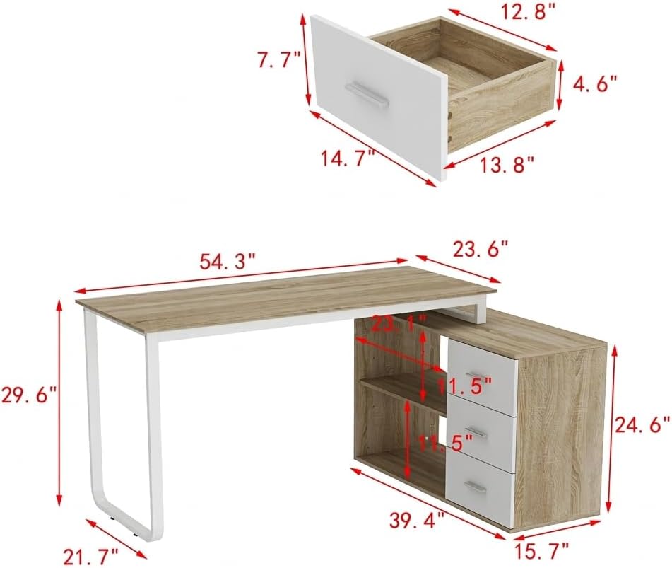 Homsee Home Office Computer Desk Corner Desk with 3 Drawers and 2 Shelves, 54...