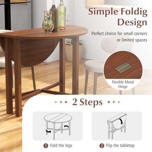 GIANTEX 36" Folding Dining Table for 2-4, Extendable Drop Leaf Kitchen Table with Solid Rubber Wood Frame, Space-Saving Round Dinner Table for Small Space, Living Dining Room, Dinette, Walnut