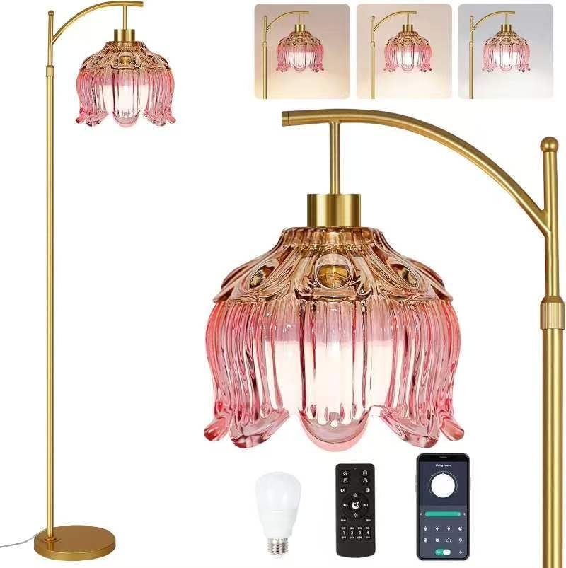QIYIZM Pink Floor Lamp for Living Room,Bedroom,Glass Gold Dimmable Standing L...