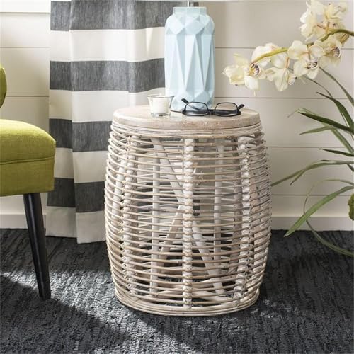 SAFAVIEH Maui Rattan Accent Stool, 16.93" Coastal Grey White Wash STL6500A