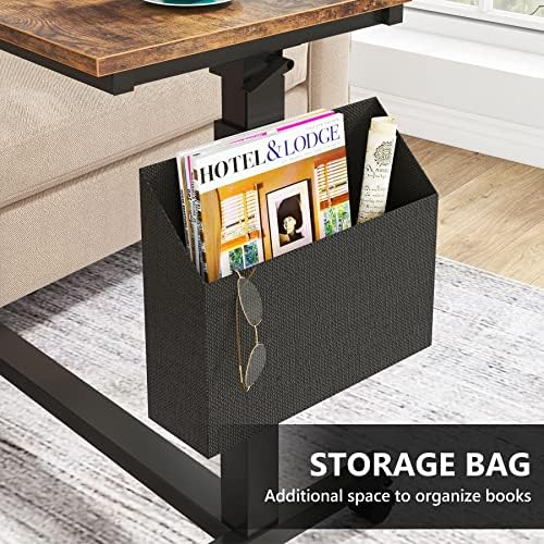 Tribesigns Height Adjustable C Shaped End Table with Wheels and Side Pocket, Mobile Sofa Snack Table with Tiltable Drawing Board, Laptop Side Tray Table for Couch Bed (Rustic Brown)