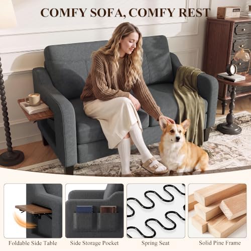 MALOL 51" Upholstered Accent Chair with Foldable Side Table, Dark Grey