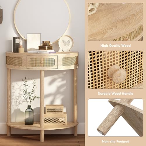 RowyPoey Rattan Half Moon Console Table, Modern Small Entryway Table