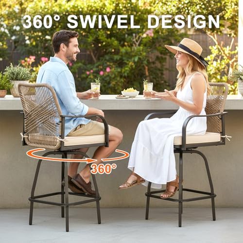 Outdoor Wicker Bar Stools Set of 2, Patio Bar Swivel Chairs