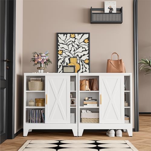 COFaR White 37" H Sliding Door Storage Cabinet, Half Open Half Closed Design, 3-Tier Kitchen Organizer with Adjustable Shelves, 150 lbs Top, Metal Coffee Bar & Buffet Sideboard for Dining Room