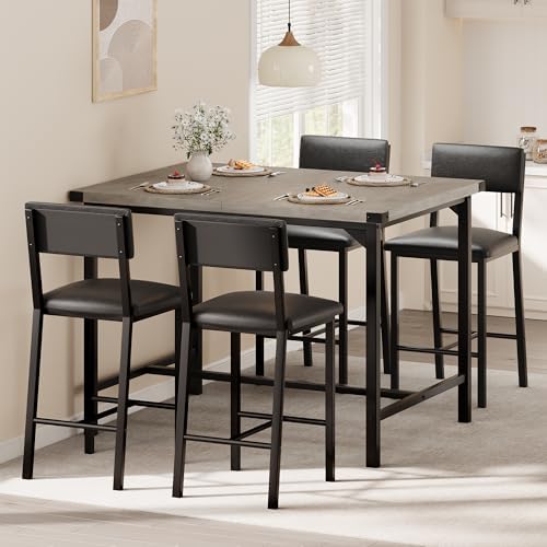 GarveeHome Dining Table Set for 4 with Corner Protector, Kitchen Table Set w/Footrest & Backrest, Counter Height Table with 4 Upholstered Bar Chairs, for Small Space, Retro Gray