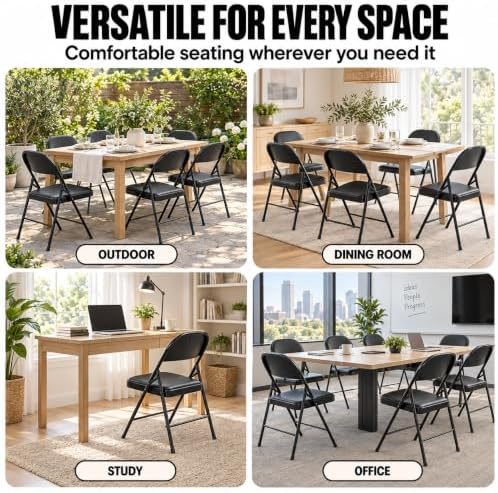Black Folding Chairs with Cushion 6 Pack, Folding Chairs with Back Padded and...