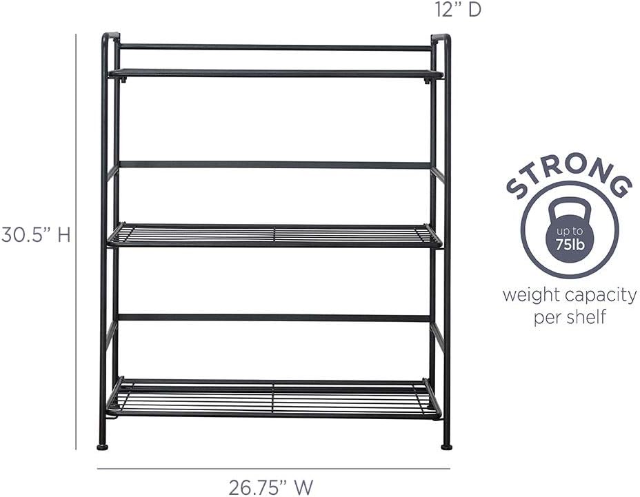 folding metal bookcase, 3 shelves, wide, black, side view