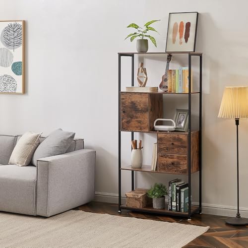 VECELO 5-Tier Bookshelf,Bookcase with Drawers and Cabinet,62"x 31"x 12",Wooden Book Shelves with Metal Frame,Open Storage Shelf for Living Room, Bedroom,Office,Kichen，Brown