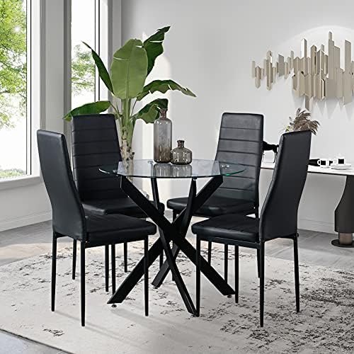 Round Tempered Glass Dining Table Set with Black Metal Legs