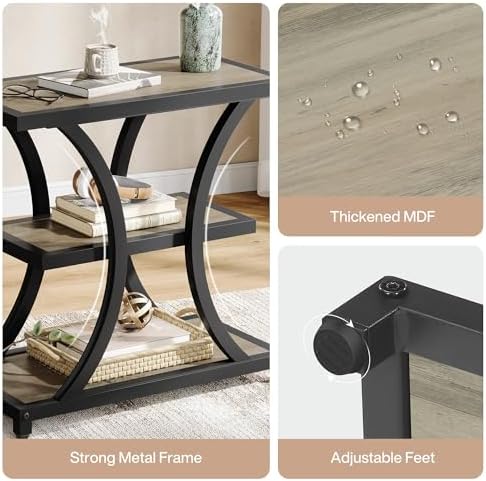 Tribesigns End Table with Storage, 3-Tier Side Table with Geometric Metal Design, Industrial Nightstand for Small Spaces, Living Room, Bedroom, Study Room (Grey)