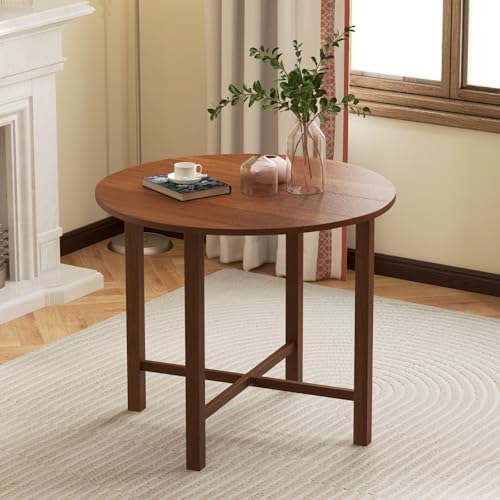 GIANTEX 36" Folding Dining Table for 2-4, Extendable Drop Leaf Kitchen Table with Solid Rubber Wood Frame, Space-Saving Round Dinner Table for Small Space, Living Dining Room, Dinette, Walnut
