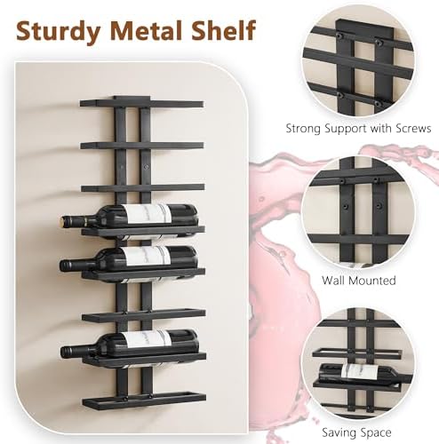 Hoctieon 2-Set 8 Tier Wall Mount Wine Rack (16 Tiers), Wall Racks for Wine Bottles Display and Storage, Hanging Bottle Organizer for Living Room, Kitchen, Wine Cellar, Bar, Black