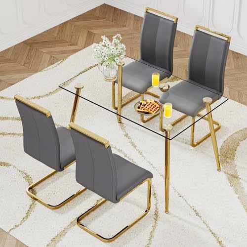 Ebullient Glass Dining Table Set for 4,5 Piece Dining Table and Chairs Set，Modern Kitchen Dining Room Table with 4 PU Leather Chairs,Dinner Table Set