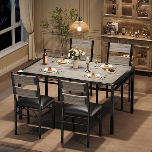 IDEALHOUSE Wood Dining Table Set for 4 with Corner Protector, Kitchen Table Chairs Set of 4 with Upholstered Chairs, Dining Room Table Set for 4, for Dining Room, Apartment,Retro Gray