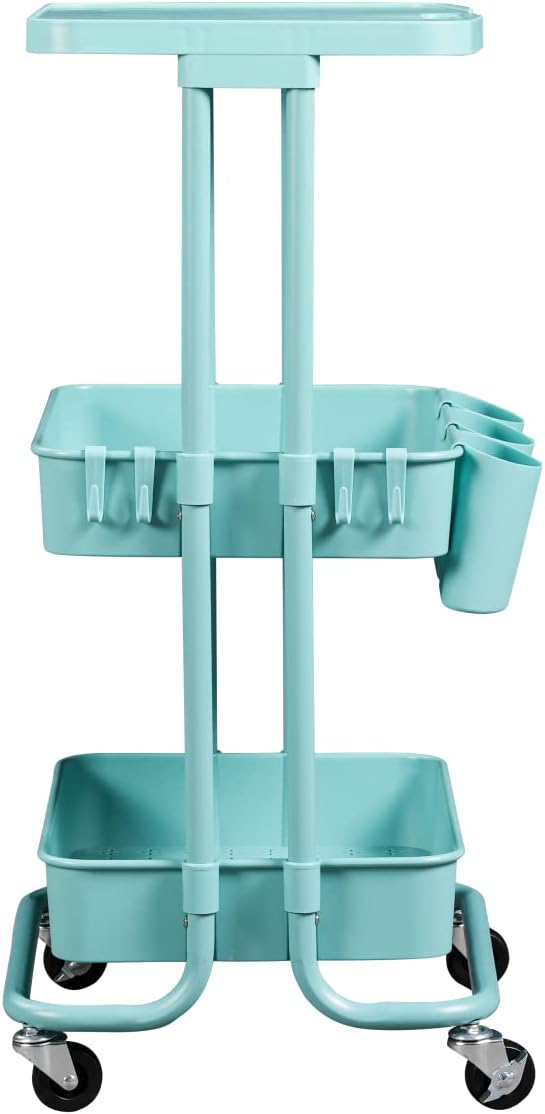 BEEY Metal Storage Baskets with Wheels, Metal Wire Market Basket Storage Organizer Cart Rolling Stackable Storage Bins for Kitchen,Pantry,Bedroom (Blue, 3 Tier-3700)