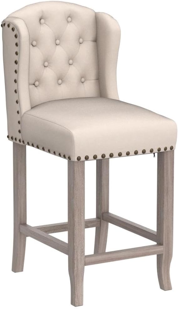 LukeAlon 26" Tufted Wingback Linen Counter Stools Set of 2, Beige