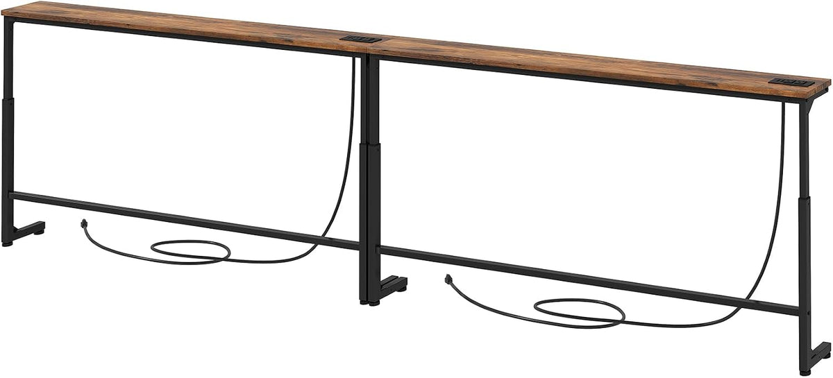 Kitstorack 94.5" Behind Couch Table, Height Adjustable Narrow Console | 24.3"-32.5" range, split for separate walls, 2 outlets, anti-scratch feet, rustic brown, ideal narrow sofa table