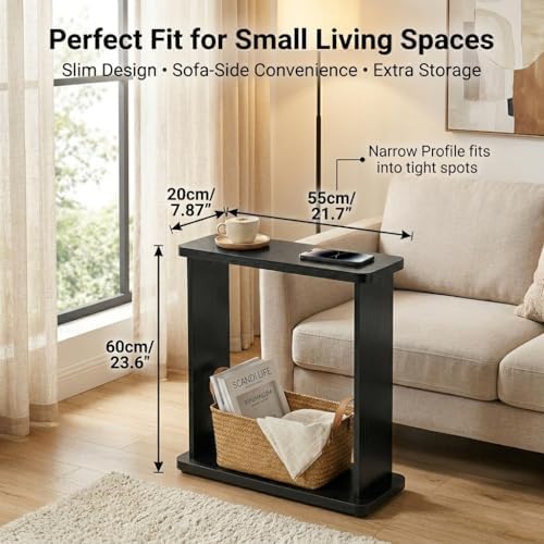 Narrow Side Table, 7.9" Slim End Table, Black