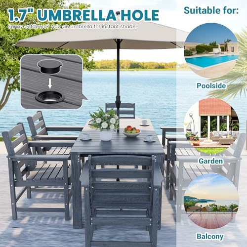 Dining Table Set, 7-Piece HDPE Outdoor Dining Set for 6, Gray