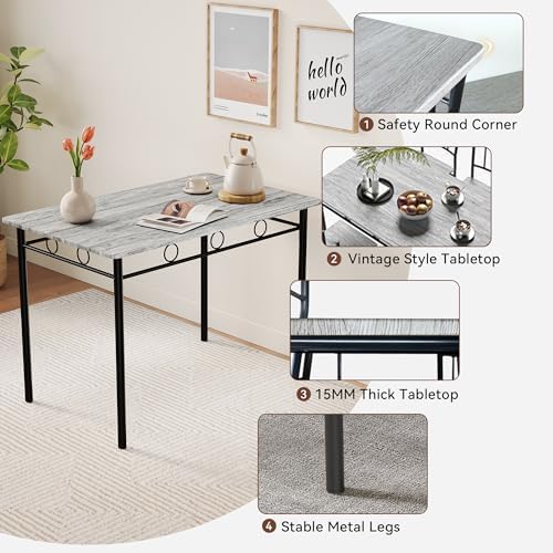 Vipbear Kitchen Dining Table Set for 4, 5-Piece Kitchen Table Set,Dining Room Table Sets,Rectangular Kitchen Table Set with 4 Chairs for Small Space, Dinette,Apartment,Retro Grey