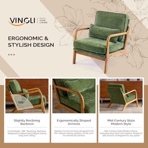 VINGLI Chenille Mid-Century Modern Accent Chair, Cute Reading Arm Chair with Cushion & Lumbar Pillow & Solid Wood Frame for Lounge, Living Room, Reading Room, Bedroom, Olive-Green