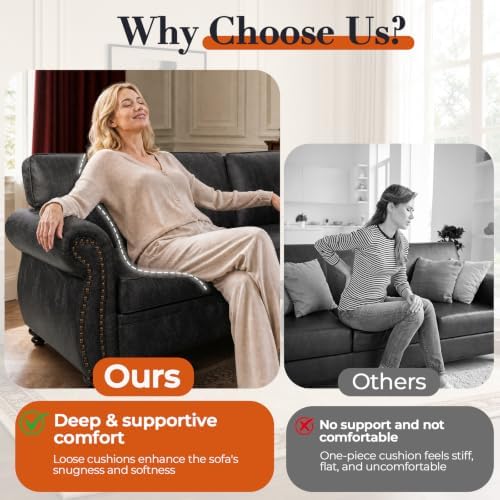 Couchus 88" W Living Room Furniture Sets, 3-Seater&Loveseat&Single, Grey | Faux Leather Fabric Sofa and Couch Sets, Mid-Century Sofa Set with Nailhead Trim (3-Piece)
