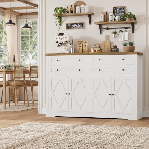 HOSTACK 55"W Kitchen Buffet Sideboard Cabinet with 4 Storage Drawers, White