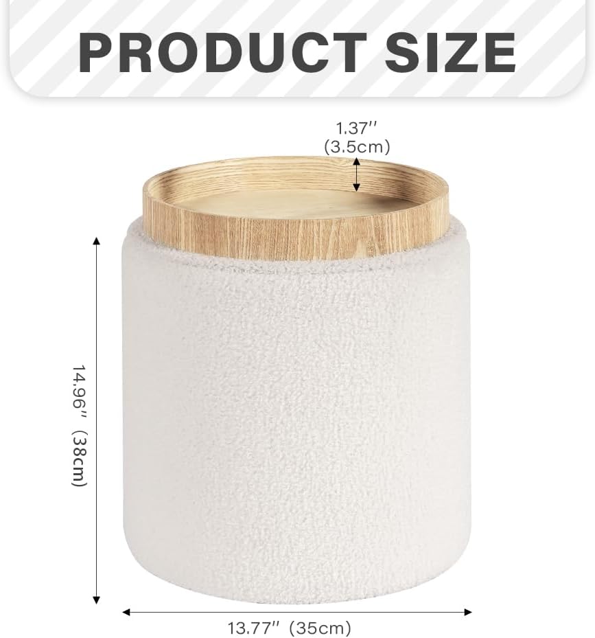 PINPLUS Round Storage Ottoman with Tray, Off-White Boucle Footstool
