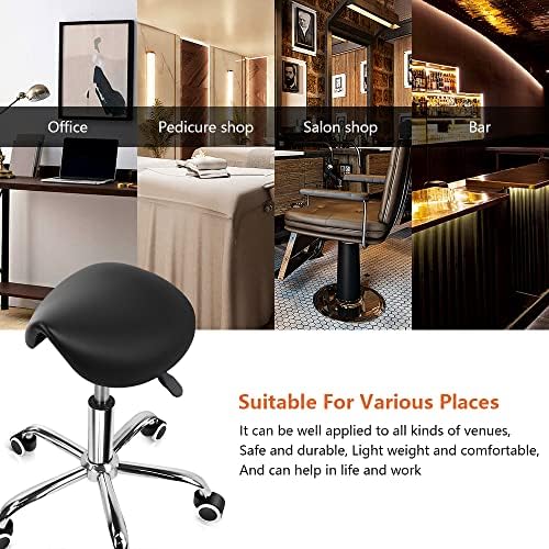 KKTONER Rolling Saddle Stool PU Leather Swivel Adjustable Rolling Stool with Wheels Salon Chair Black