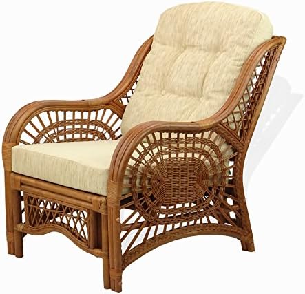 Malibu Lounge Living Accent Armchair Natural Rattan Wicker Handmade Design, Colonial with Cream Cushion