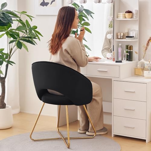 Furniliving Velvet Accent Chair for Living Room, Comfortable Upholstered Barrel Vanity Chair with Back, Mid Century Black Makeup Chair with Gold Legs (Black)