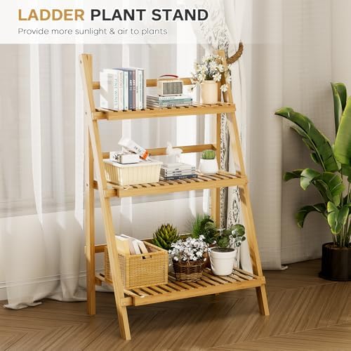 Foldable Ladder Shelf 39.4", Plant Shelf 3 Tier, Bamboo Ladder Bookshelf
