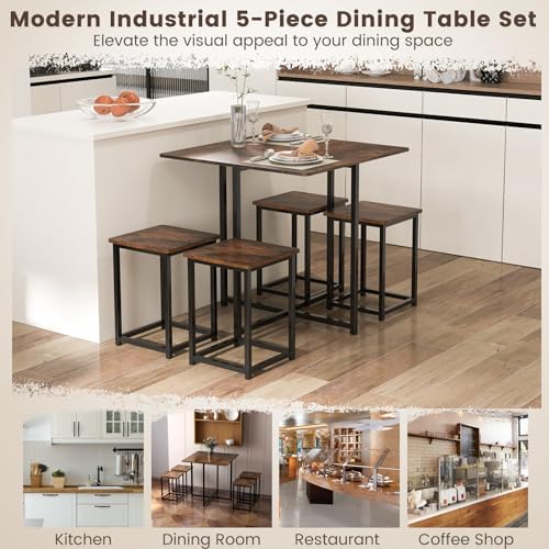 Tangkula Compact Dining Table Set for 4, Small Kitchen Table Set with Square Stools and Metal Frame, Perfect for Small Spaces, Home Kitchen Bar and Apartments