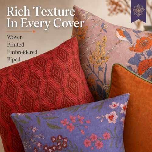 Embroidered Bold Patterned Throw Pillow Covers, 4 Pack Set, 18x18 Inch Floral...