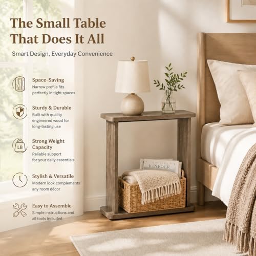 Narrow Side Table, 7.9" Slim End Table, Oak