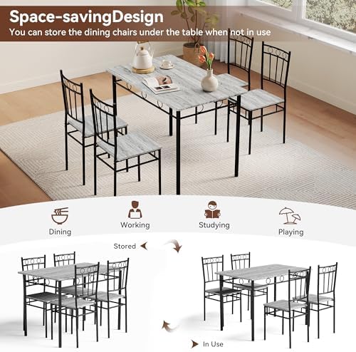 Vipbear Kitchen Dining Table Set for 4, 5-Piece Kitchen Table Set,Dining Room Table Sets,Rectangular Kitchen Table Set with 4 Chairs for Small Space, Dinette,Apartment,Retro Grey