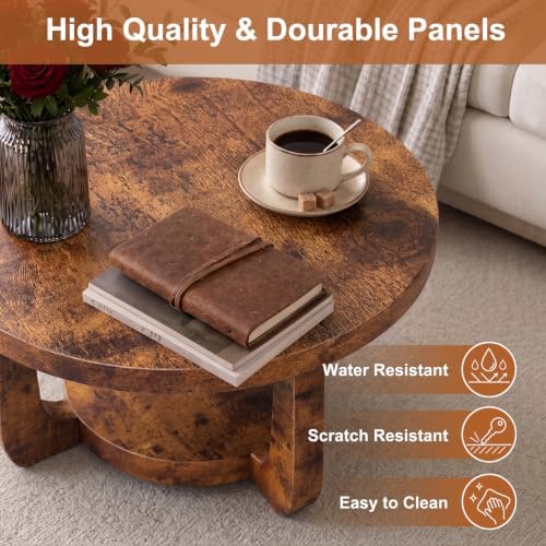 Round Coffee Table, 2-Tier Circle Coffee Table with Storage (Brown)