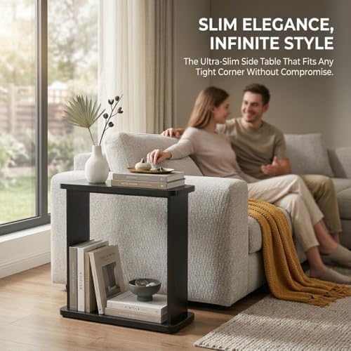 Narrow Side Table, 7.9" Slim End Table, Black